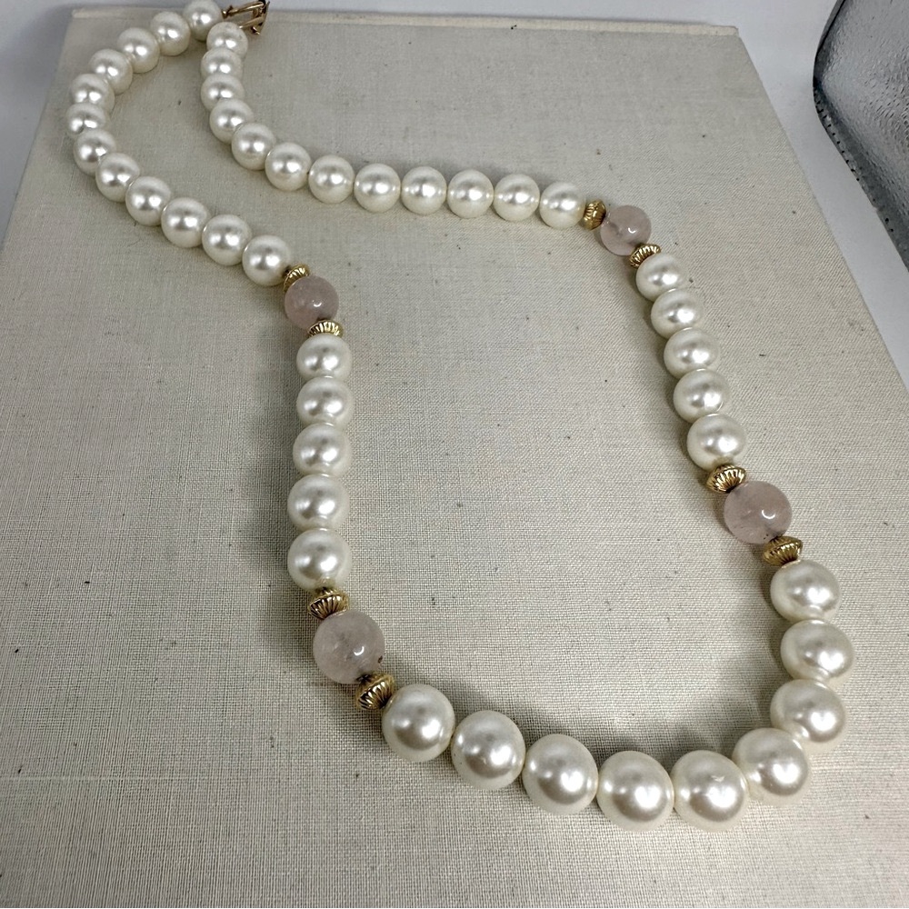 Vintage Napier Pearl w Pink Quartz Beaded Necklace, High-End Costume